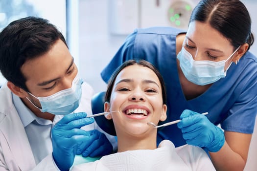 Healthcare, dentist and portrait of woman for teeth whitening, service and dental care. Medical consulting, dentistry and orthodontist with tools for patient for oral hygiene, wellness and cleaning.