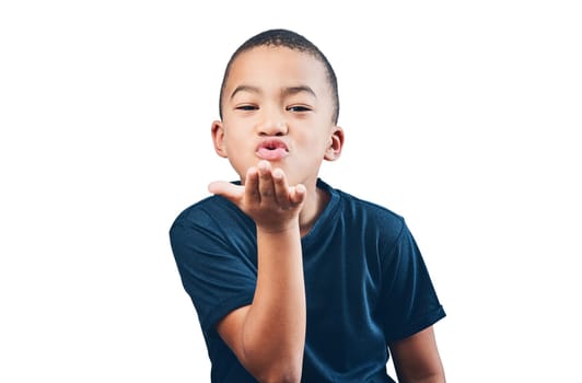 Boy child, blowing air kiss and happy portrait for flirting, motivation or love. Inspiration, hand gesture and latino kid isolated on transparent, png background to pout lips for kindness or romance.