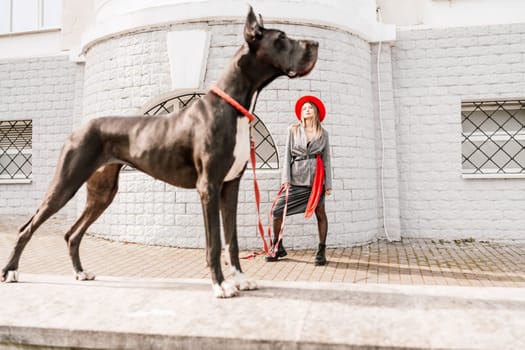 A photo of a woman and her Great Dane walking through a town, taking in the sights and sounds of the urban environment.