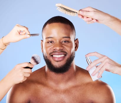Self care, beauty and portrait of a man with products in a studio for natural, face and grooming routine. Skincare, wellness and young male model with health and hygiene treatment by blue background