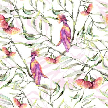 Seamless watercolor pattern with hand drawn pink birds on eucalyptus twigs with flower