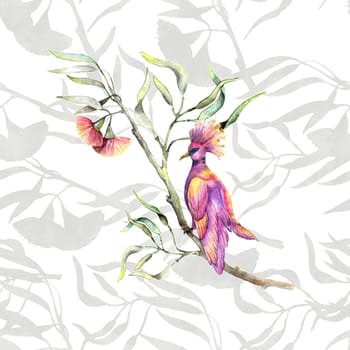 Seamless watercolor illustration with hand drawn pink birds on eucalyptus twigs with flower