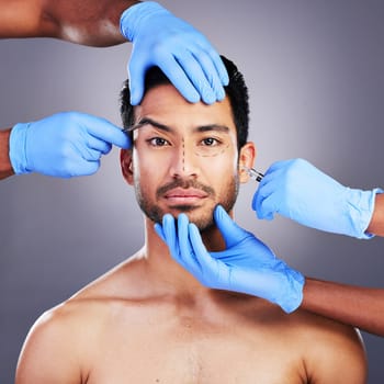 Plastic surgery, hands and drawing with filler portrait of man and surgeon for needle and syringe placement. Skincare, face and dermatology of person with medical procedure and collagen in studio.