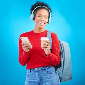 Phone music, student or happy woman listening to education podcast, streaming radio or audio sound. Headphones song, cellphone or gen z person on coffee break from college learning on blue background.