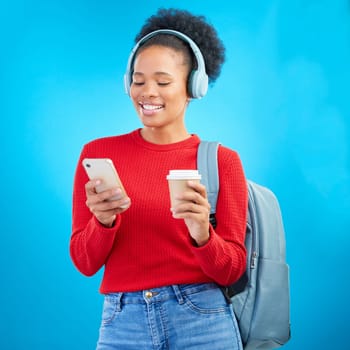 Phone music, student or happy woman reading education article, online university post and listening to radio podcast. Audio headphones, cellphone or college person on coffee break on blue background.