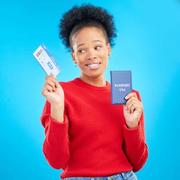 African woman, passport and thinking in studio with plane ticket, doubt or decision for travel by blue background. Gen z girl, student and ideas with paperwork for international immigration to USA.