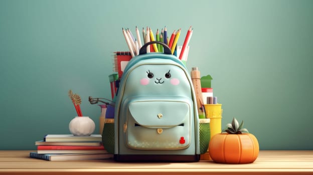 Cute blue smiling backpack with school supplies on yellow background. Back to school concept. Generative ai