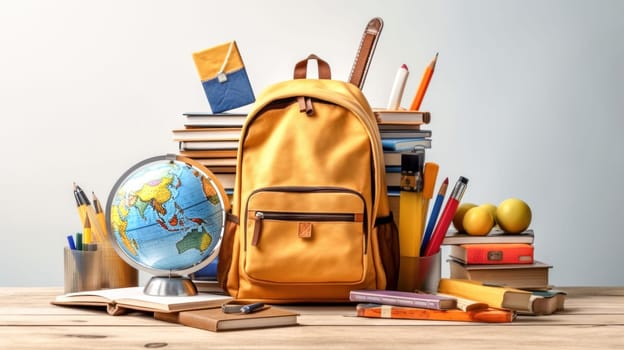 Orange backpack with school supplies on table. Back to school concept. Generative ai