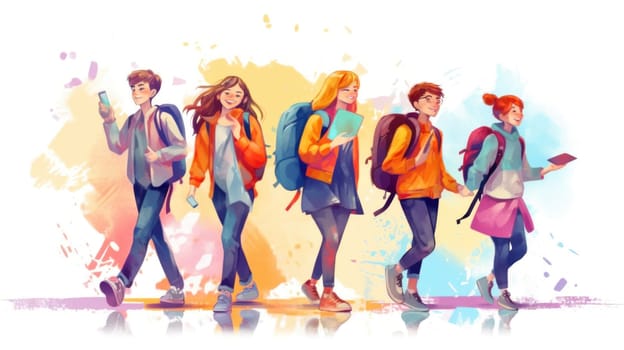 Happy cartoon style teenager students going to school. Back to school. Generative Ai