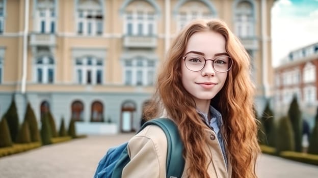 Happy caucasian teenager female student looking at camera with blurred school building on background. Back to school. Generative Ai