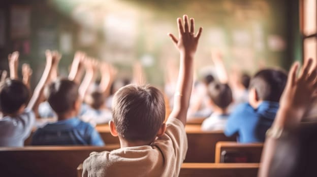 School children with hands up in classroom, view from back at the elementary school. Back to school. Generative ai