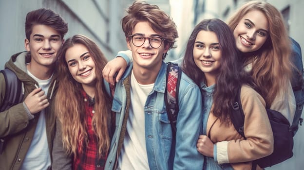 Happy caucasian teenager students looking at camera with blurred school building on background. Back to school. Generative Ai