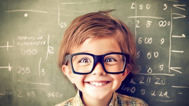 Curious smart boy in glasses against classroom whiteboard with math formulas background. Back to school. Generative Ai