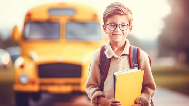 Little boy with backpack and books looking at camera yellow school bus on background. Back to school. Generative Ai