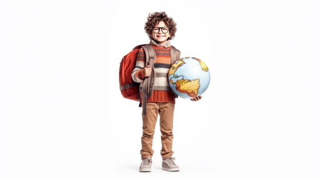 Little boy with backpack and globus looking at camera on white background. Back to school. Generative Ai