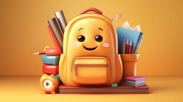 Cute yellow smiling backpack with school supplies on yellow background. Back to school concept. Generative ai