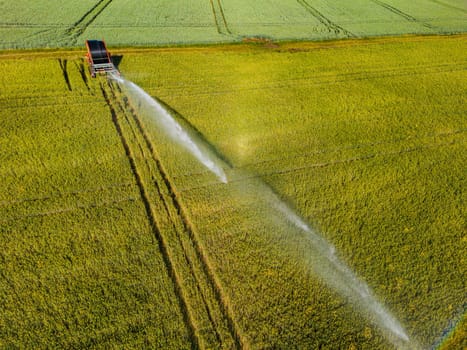 Aerial view of sprinkler irrigation with water jet blown by wind