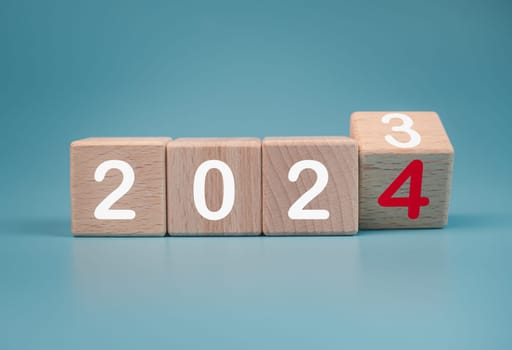 Wooden blocks lined up with the letters 2024. Represents the goal setting for 2024, the concept of a start. financial planning development strategy business goal setting