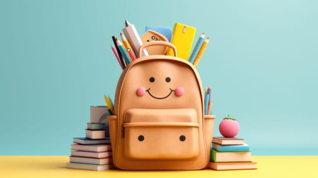 Cute yellow smiling backpack with school supplies on yellow background. Back to school concept. Generative ai