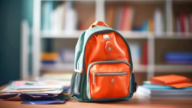 Orange backpack with school supplies on table. Back to school concept. Generative ai