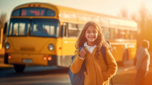 Little girl with backpack and books looking at camera yellow school bus on background. Back to school. Generative Ai