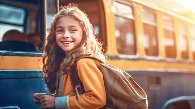 Little girl with backpack and books looking at camera yellow school bus on background. Back to school. Generative Ai