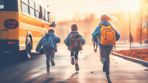 Funny kids with backpacks running to yellow school bus on background. Back to school. Generative Ai