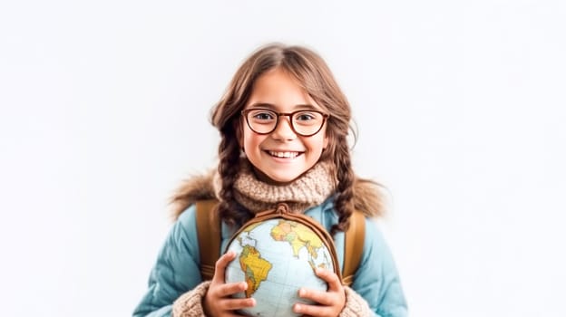 Little girl with backpack and globus looking at camera on white background. Back to school. Generative Ai
