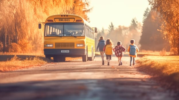 Funny kids with backpacks running to yellow school bus on background. Back to school. Generative Ai