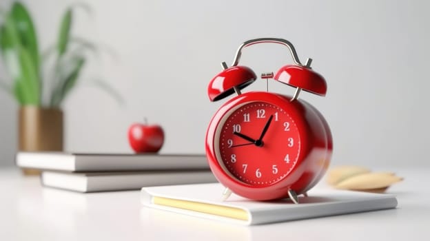 Colorful school supplies, red alarm clock on white background. Back to school. Generative ai