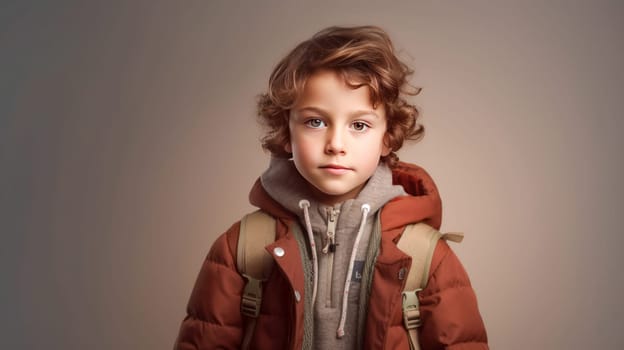 Stylish little boy with backpack looking at camera on grey background. Back to school. Generative Ai