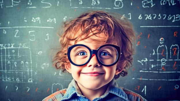 Curious smart boy in glasses against classroom whiteboard with math formulas background. Back to school. Generative Ai