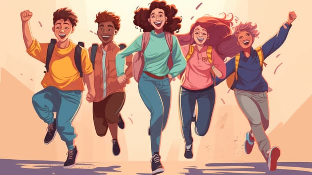 Happy cartoon style teenager students going to school. Back to school. Generative Ai
