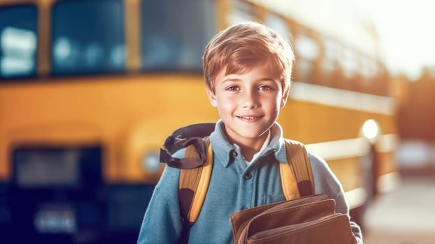 Little boy with backpack and books looking at camera yellow school bus on background. Back to school. Generative Ai