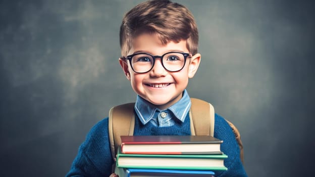 Stylish little boy with backpack looking at camera on grey background. Back to school. Generative Ai