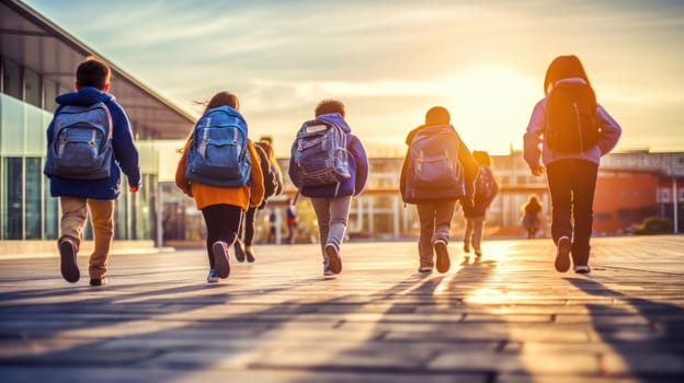 Funny kids with backpacks running to school on background. Back to school. Generative Ai