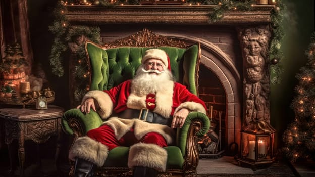 Santa Claus sitting in chair by the fireplace. Christmas and New Year concept. Home decoration. Generative Ai