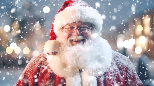 Happy Santa Claus outdoors in snowfall hands crossed. Generative Ai.