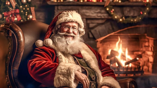 Santa Claus sitting in chair by the fireplace. Christmas and New Year concept. Home decoration. Generative Ai