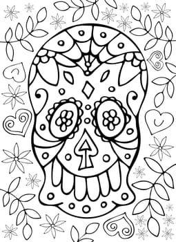 Sugar Skull Head with a Traditional Mexican Mural to Celebrate the Day of Dead. Black and White Anti Stress Paint for Coloring Book, Page and Sheet. Dia de los Muertos Holiday.