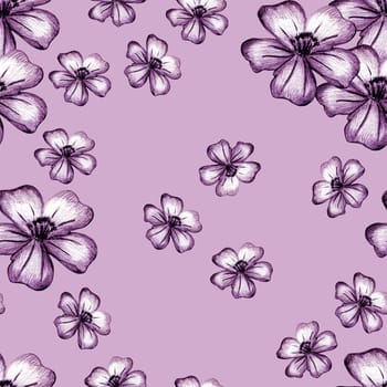 Seamless Pattern with Hand-Drawn Pink Flower. Pale Pink Background with Thin-leaved Lavender Marigolds for Print, Design, Holiday, Wedding and Birthday Card.