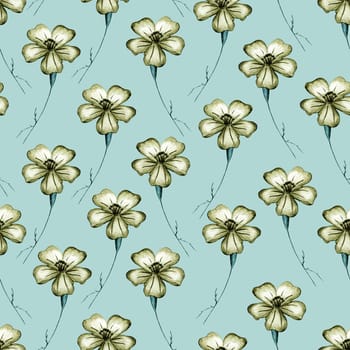 Seamless Pattern with Hand-Drawn Yellow Flower. Light Green Background with Thin-leaved Yellow Marigolds for Print, Design, Holiday, Wedding and Birthday Card.