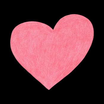 Red Heart Drawn by Colored Pencil. The Sign of World Heart Day. Symbol of Valentines Day. Heart Shape Isolated on Black Background.