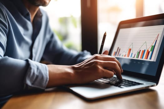 Male businessman reviewing analytics on a laptop in the office, generative ai