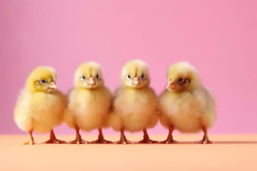 Four small yellow chicks standing in a row, generative ai