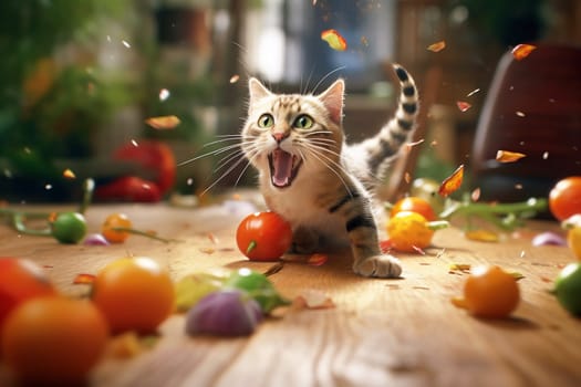 Small cat jumped in the vegetables on the kitchen table, generative ai
