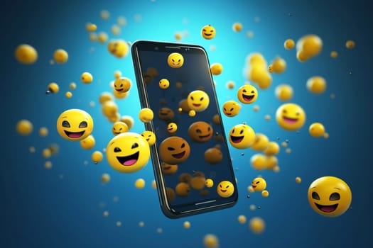 Yellow round emoticon fluttering around the smartphone, generative ai