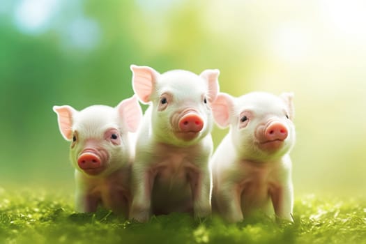 Three piglets standing on the green grass, generative ai