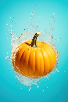 Pumpkin fruit with splashes of water on a blue background. High quality photo