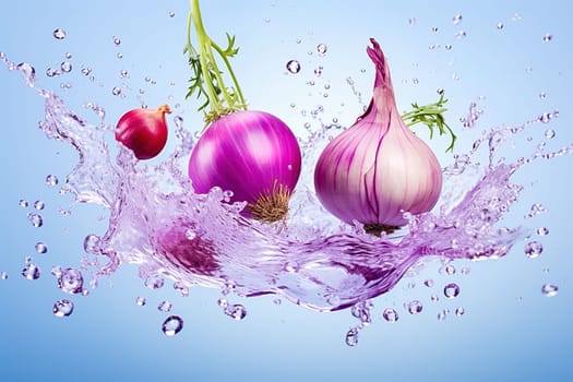 Red onion variety with water splashes on a blue background. High quality photo